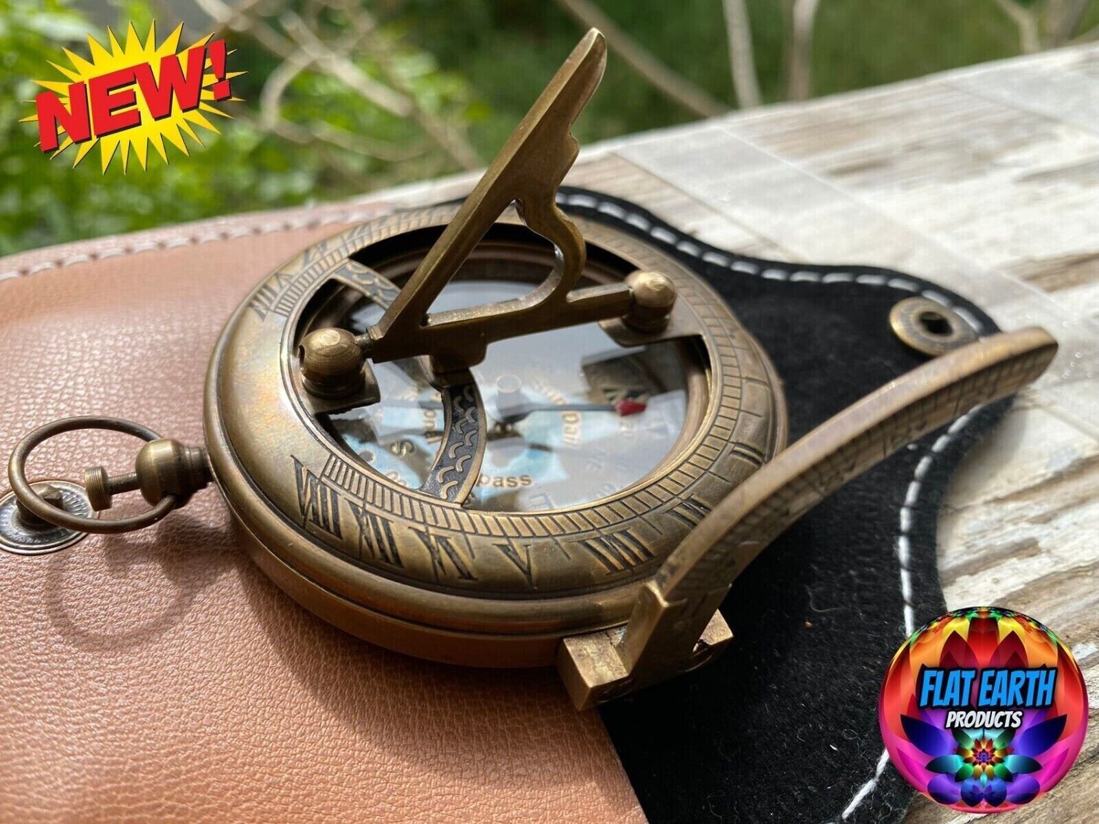 Vintage Nautical Brass Sundial Clock Pocket Compass Leather Case FLAT EARTH Map