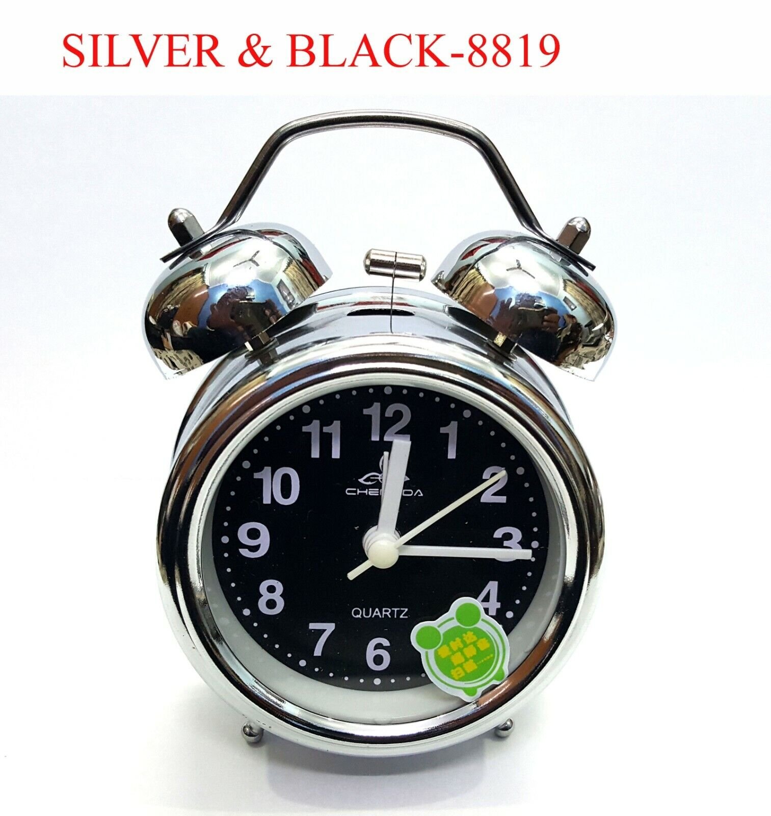 Vintage Silver Black 3 Inch Display Metal Twin Bell Alarm Table Clock With Light