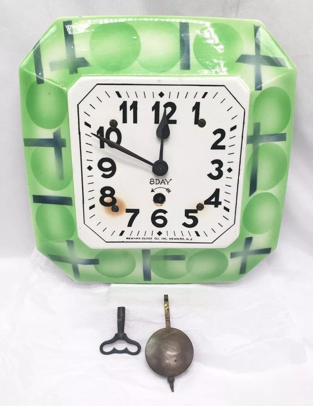 Vintage Wall Clock NEWARK COMPANY Green 8-Day Keywind Pendulum, Art Deco Ceramic