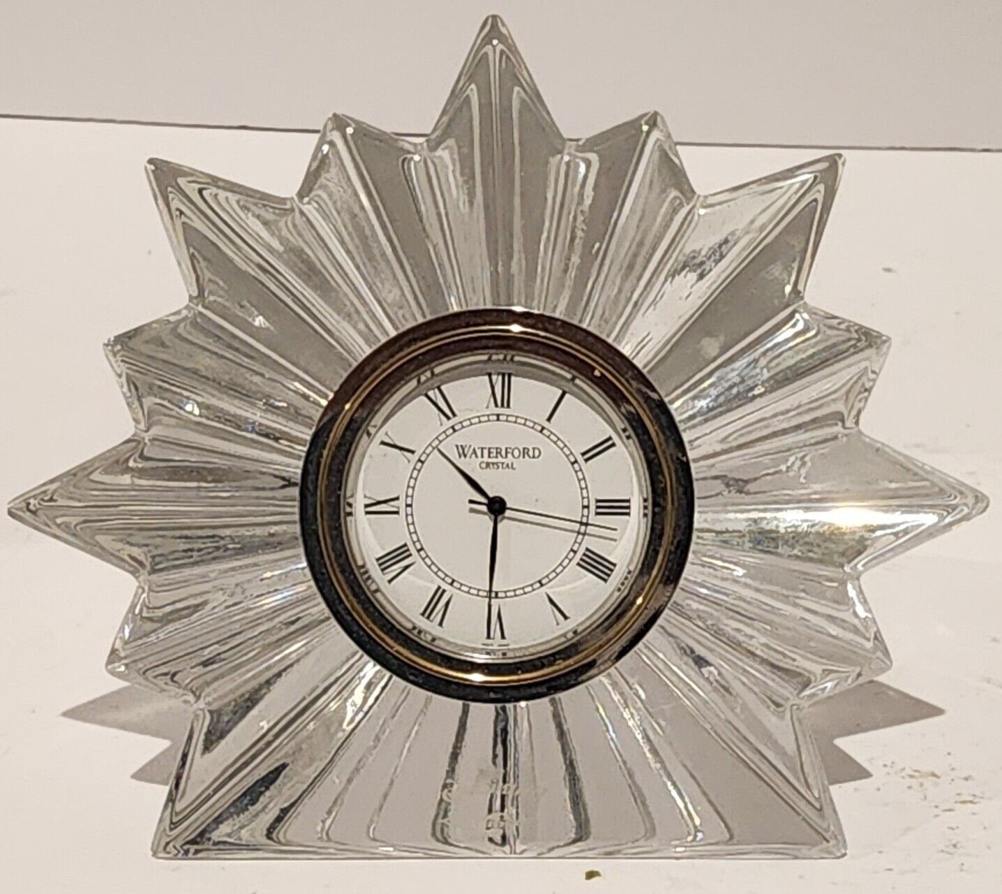 Vintage Waterford Cut Crystal Glass Star Desk Clock Roman Numerals Clear Etched