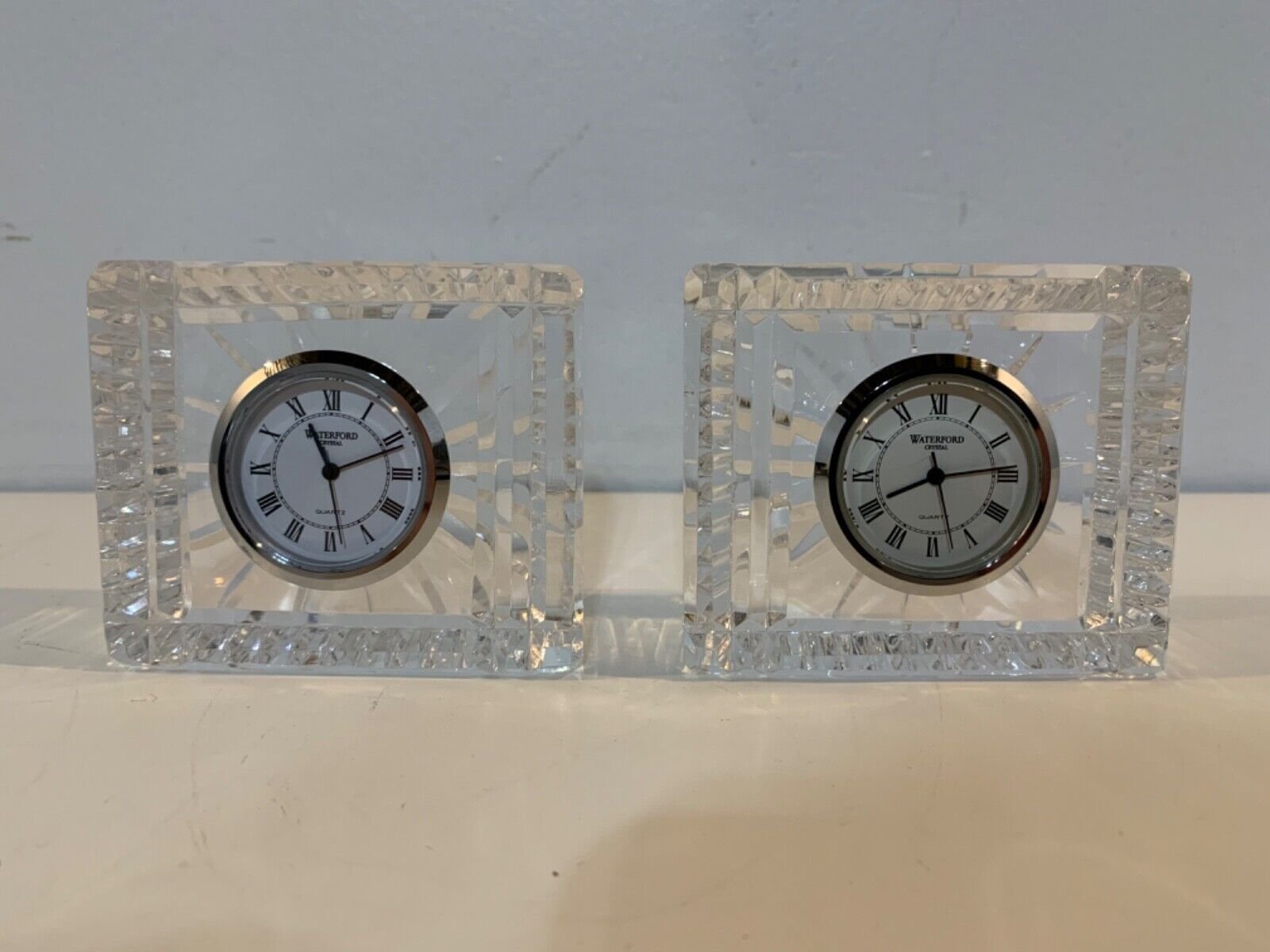Vintage Waterford Cut Crystal Pair of Miniature Small Square Desk Clocks Working