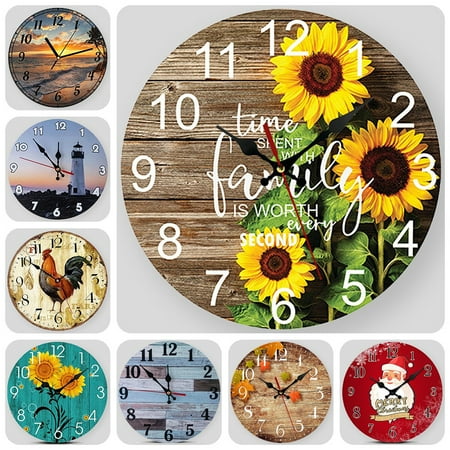 VOCOO Round Wall Clock, 10Inch Wooden Lighthouse Wall Clock, Silent Non Ticking Clock with Battery Operated for Living Room Kitchen Home Office