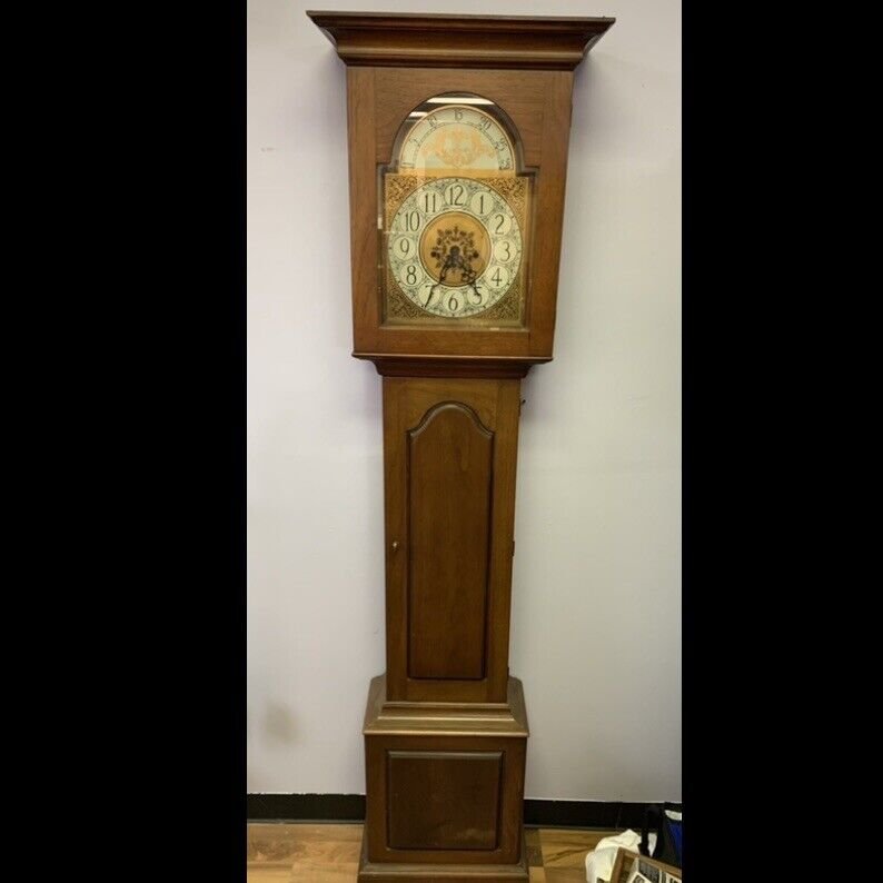 VTG 1963 Drexel Hand Made Solid Oak Wood & Brass Face 80" Tall Case Floor Clock