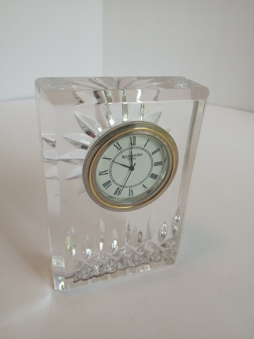 Vtg WATERFORD Crystal Beautiful Desk Clock Roman Numerals Clear Stunning Cut