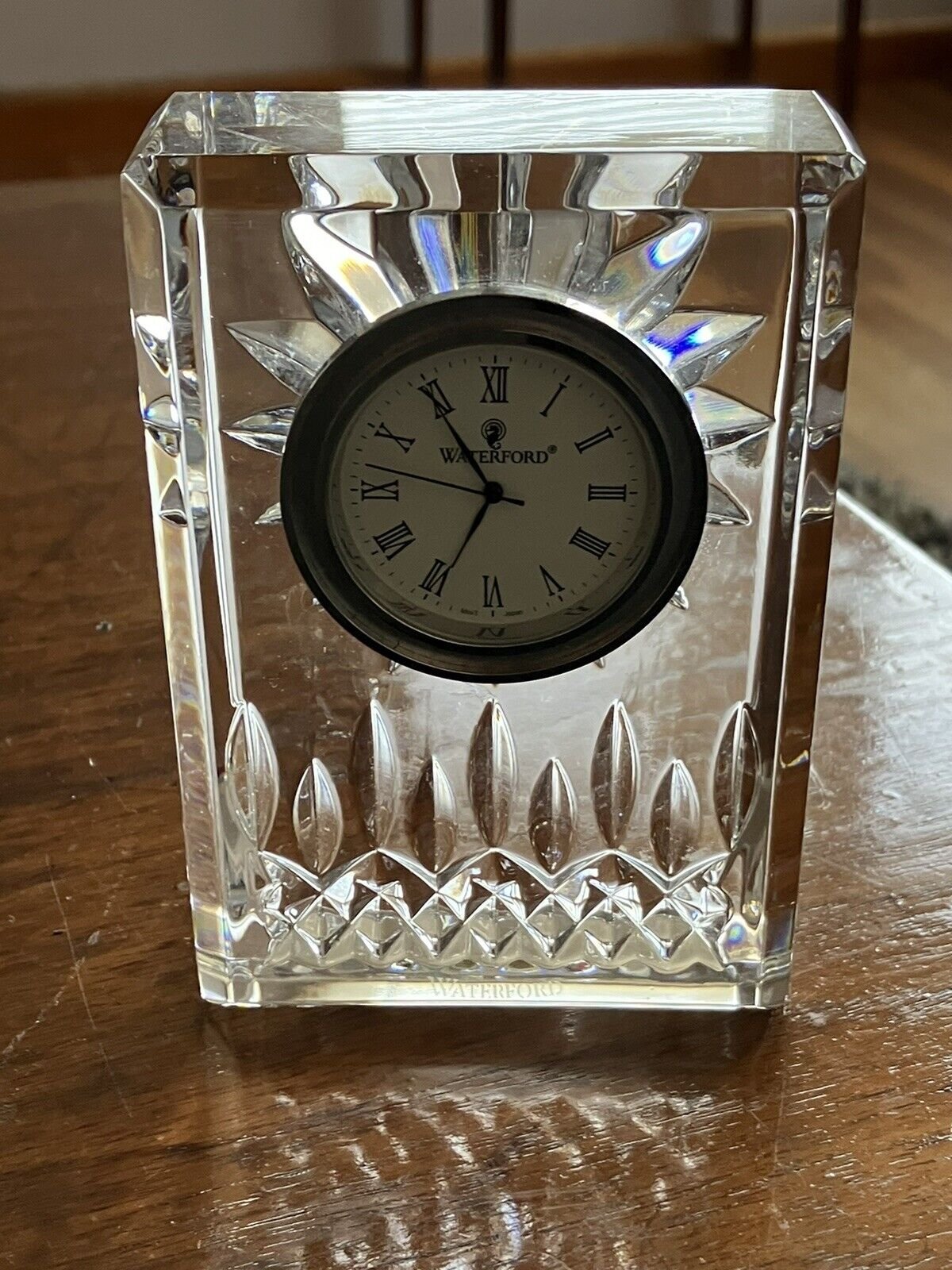 Vtg WATERFORD Crystal Beautiful Desk Clock Roman Numerals Clear Stunning Cut
