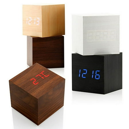 Walbest Modern Wooden Cube Digital LED Thermometer Timer Calendar Desk Alarm Clock