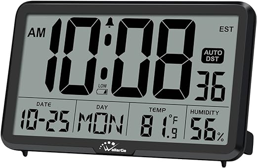 WallarGe Auto Set Digital Wall Clock Battery Operated, Desk Clocks with Temperature, Humidity and Date, Large Display Digital Calendar Alarm Clock for Elderly, Bedroom, Office, 8 Time Zone, Auto DST.