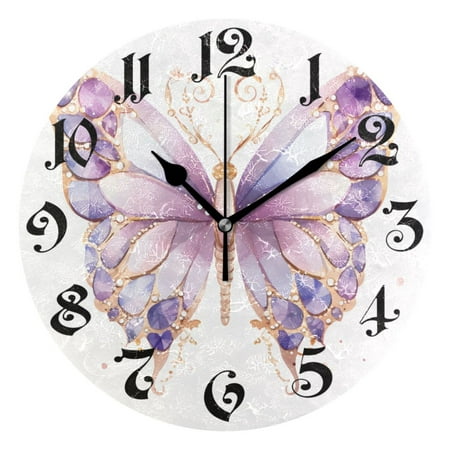 Wall Clock 10 Inch Silent Non-Ticking 8 Butterfly with Purple Battery Operated Rustic Retro for Living Room Home Kitchen Bathroom