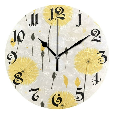 Wall Clock 10 Inch Silent Non-Ticking 8 Yellow Dandelion Battery Operated Rustic Retro for Living Room Home Kitchen Bathroom