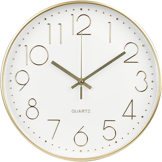 Wall Clock 12 Inch Non-Ticking Silent Modern Simple Style Round Decor Clock Gold Stereoscopic Dial Quartz Wall Clocks for Home/Office/School/Living Room/Bedroom/Kitchen