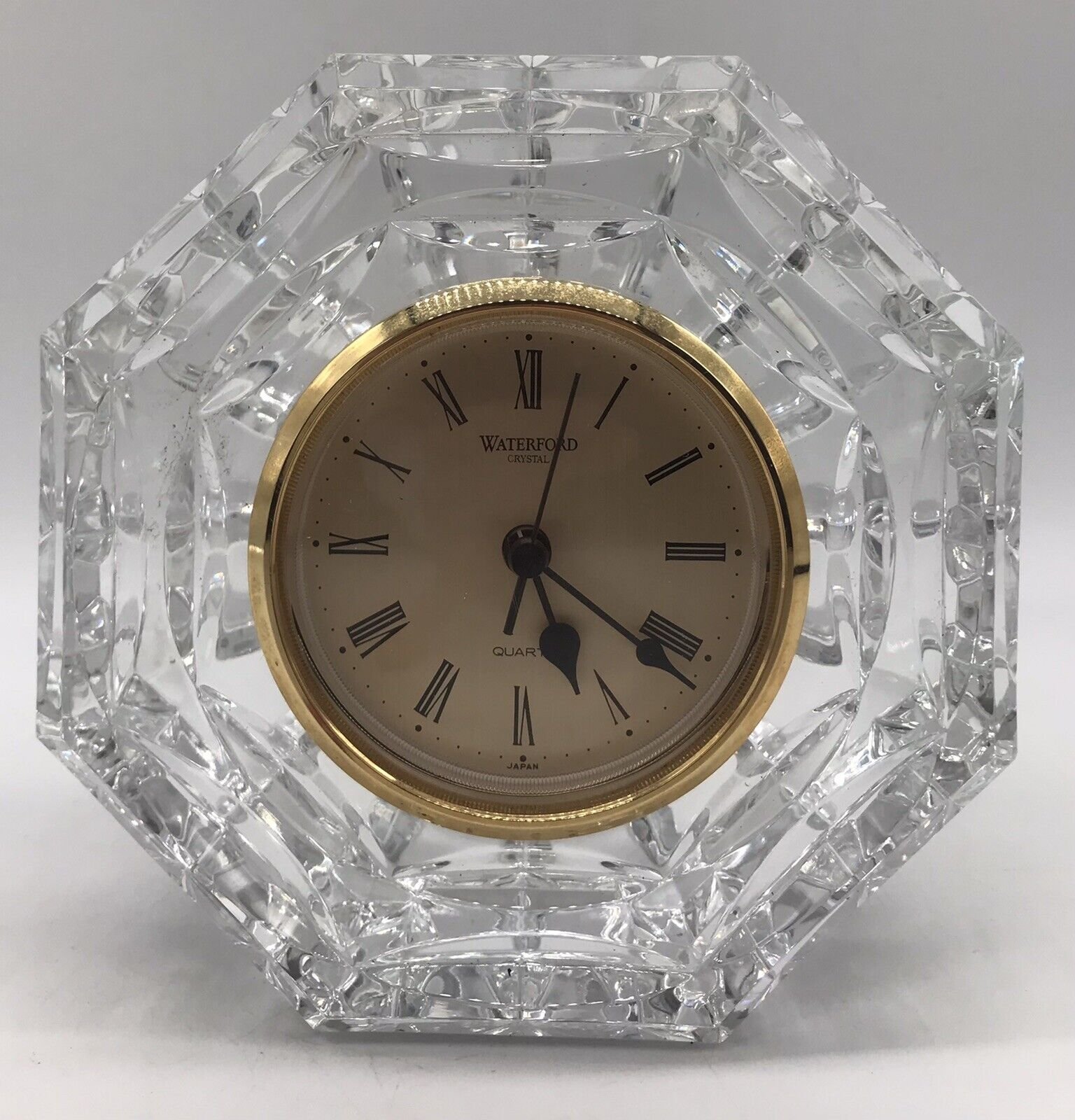 Waterford Crystal Octagon Desk Clock Cut Glass Analog Face Roman Numerals.