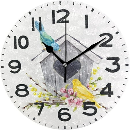 Wellsay Birdhouse Couple Bird Round Wall Clock, 9.5 Inch Battery Operated Quartz Analog Quiet Desk Clock for Home,Office,School,Kitchen