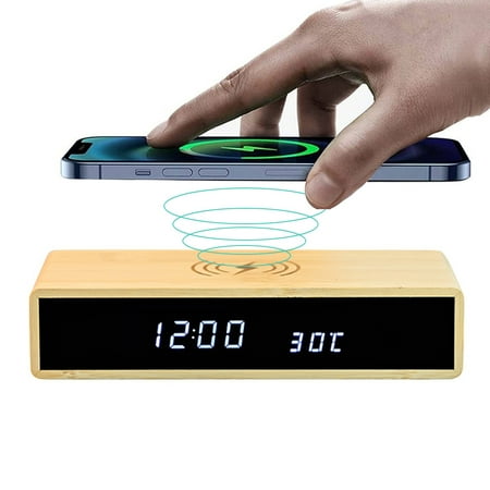 Wireless charging snooze alarm clock solid wood bamboo clock, made of bamboo