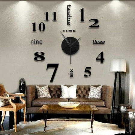 wofedyo frameless diy wall mute clock 3d mirror surface sticker home office decor Black 16.5*14*4