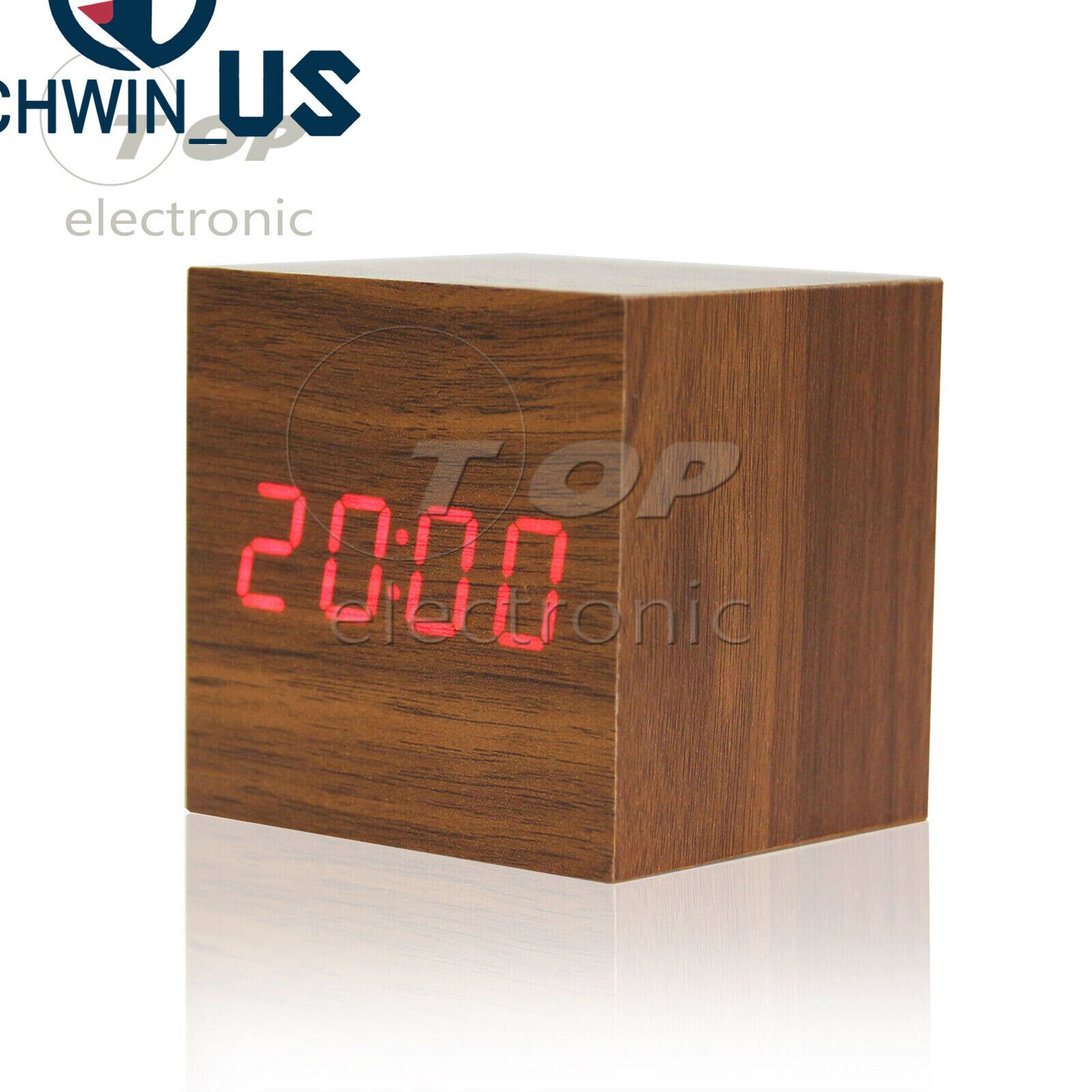 Wood Cube Clock LED Alarm Voice Control Digital Desk Bedside Wooden Temperature