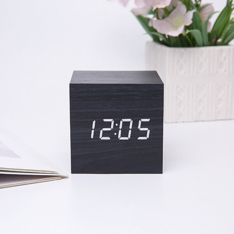 Wood Cube LED Alarm Control Digital Desk Clock Voice Control Room Temperature