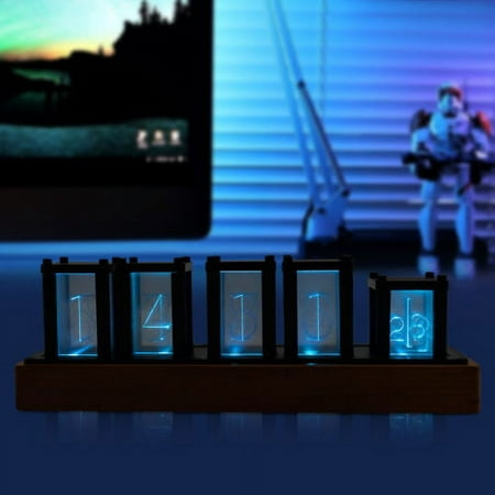 Wooden Desk Clock Glow Tube LED RGB Full-Color Retro Modern Style Bedroom Decor