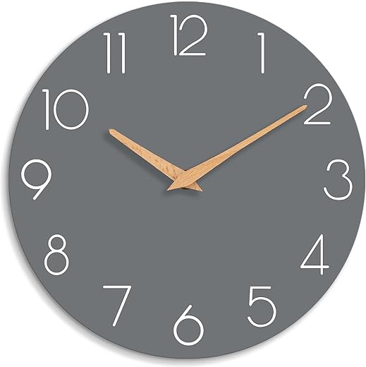 Wood Wall Clock, 12 Wooden Silent Non-Ticking, Decorative Battery Operated Wall Clocks for Bedroom, Kitchen, Home, Living Room, Office, School, Hotel (Gray)