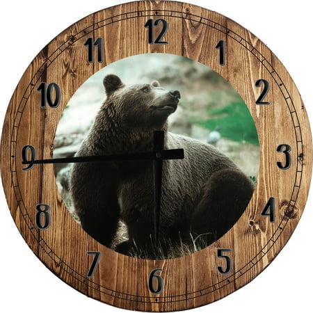 Wood Wall Clock 18 Inch Round American Bear Wall Art Country Farmhouse Round Small Battery Operated