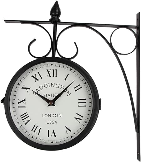 Wrought Iron Antique-Look Brown Round Wall Hanging Double Sided Two Faces Retro Station Clock Round Chandelier Wall Hanging Clock with Scroll Wall Side Mount Home Décor Wall Clock (Black+White)