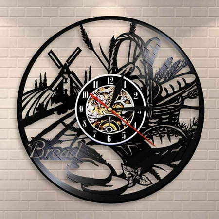 YanGxx Bread Wheat Wall Art Wall Clock Bakery Sign Wall Decor Pastry Vinyl Record Wall Clock Kitchen Decorative Clock Modern Design