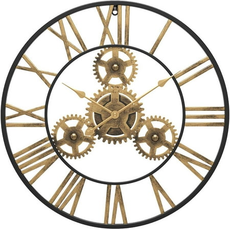 YANRUI 24 Inch Large Gear Wall Clock - Oversized 3D Steampunk Roman Numeral Wall Clock - Silent Retro Rustic Country Decorative Wall Clock for Living Room, Dining Room, Home, Farmhouse - Gold