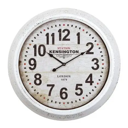 Yosemite Home Decor Circular Station Metal Wall Clock in Distressed White Finish