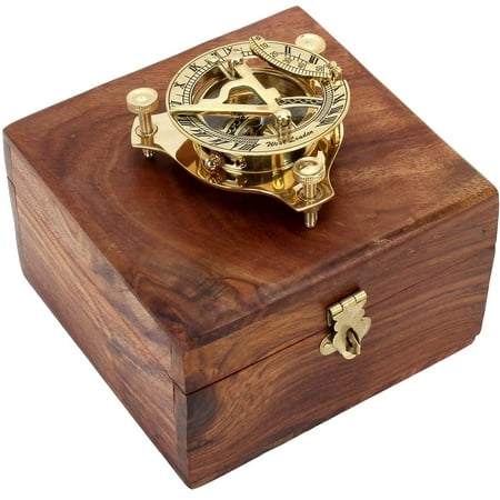 Zap Impex Brass Sundial, Compass Nostalgic Brass Sun Clock with Wooden Box, Compass 3 inches