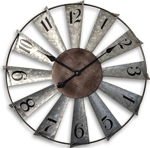 24inch Windmill Distressed Metal Wall Clocks Rustic Large Decorative Clock Oversized Farmhouse Decor,Non Ticking,Battery Operated