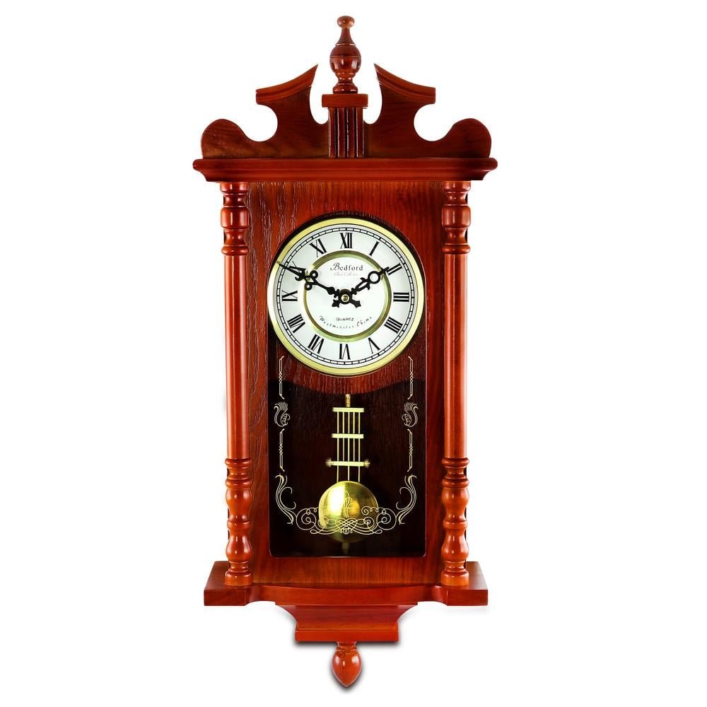 25 Inch Wall Clock with Pendulum and Chime in Dark Redwood Oak...