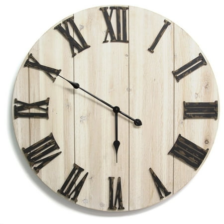 28 Round Distressed White Wood and Metal Wall Clock