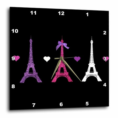 3dRose Girly Eiffel Tower - hot pink purple black Paris towers love hearts stylish French modern France - Wall Clock, 10 by 10-inch