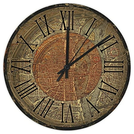 8x8inch Old World Map Travel Round Wood Wall Clock Retro Classic World Map Vintage Clocks Home Battery Operated No Ticking Silent Wall Clock for Office Bathroom Dining Room Made in USA