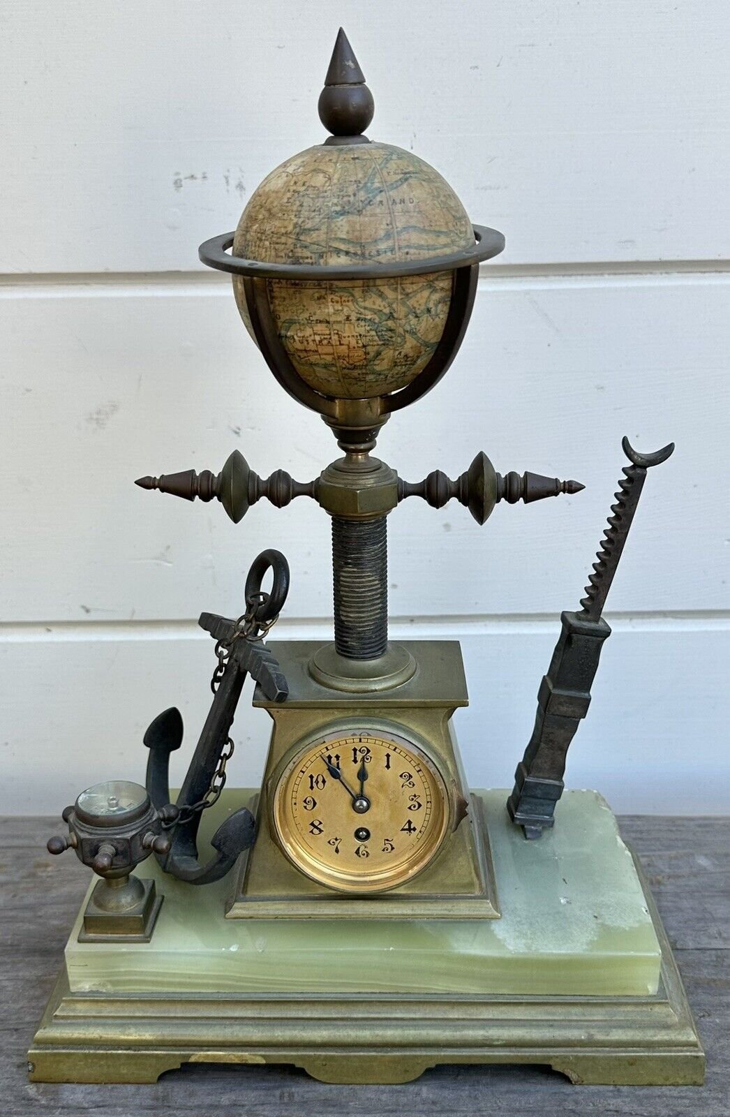Antique French J. Forest World 3” Globe Maritime Bronze & Marble Mantel Clock