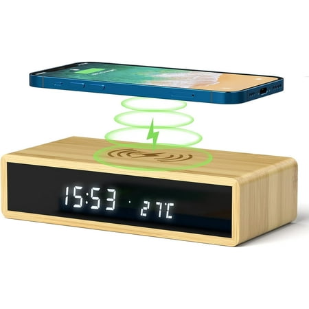 Bamboo Digital Alarm Clock with Wireless Charging, Digital Clock, LED Morning Alarm Clock with Snooze Function, Temperature/12/24 Hours/Adjustable Brightness/Type C Charging Port