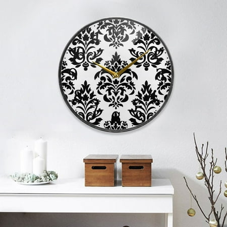 Baroque Black Damask Figure Round Wall Clock 12 Inch Non-Ticking Silent Battery Operated Clock for Home Kitchen Office School Decor