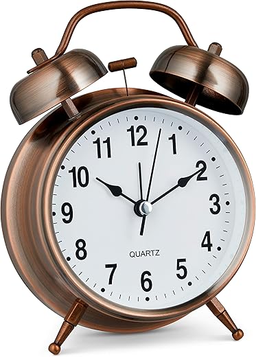 Bernhard Products Analog Alarm Clock Twin Bell Retro Copper Metal 4 Extra Loud Quartz Battery Operated with Backlight for Bedside Table Vintage Silent Non-Ticking Old fashioned Decorative Desk Clocks