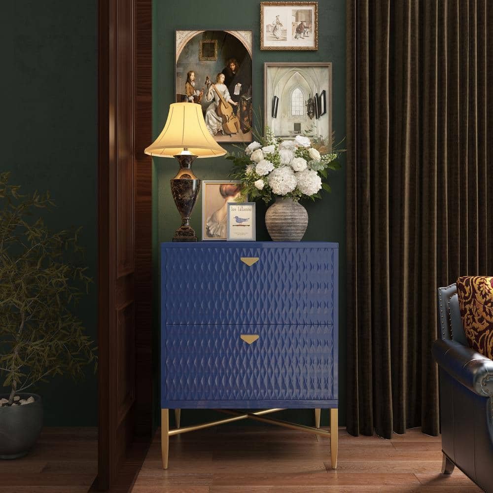Blue 2-Drawer Wood Nightstand with Square Support Legs