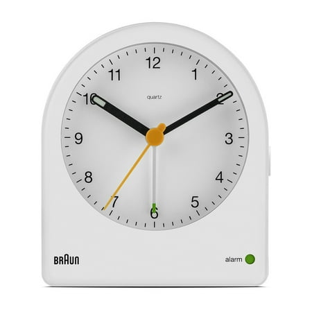 Braun Classic Analogue Alarm Clock with Snooze and Continuous Backlight, Quiet Quartz Movement, Crescendo Beep Alarm in White, model BC22W.