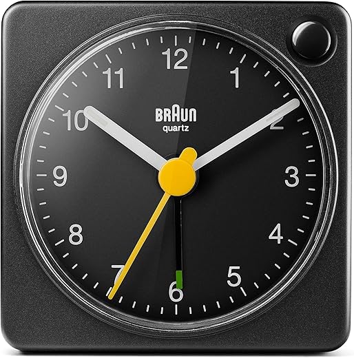 Braun Classic Travel Analogue Alarm Clock with Snooze and Light, Compact Size, Quiet Quartz Movement, Crescendo Beep Alarm in Black, Model BC02XB.