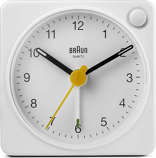 Braun Classic Travel Analogue Clock with Snooze and Light, Compact Size, Quiet Quartz Movement, Crescendo Beep Alarm in White, Model BC02XW, One