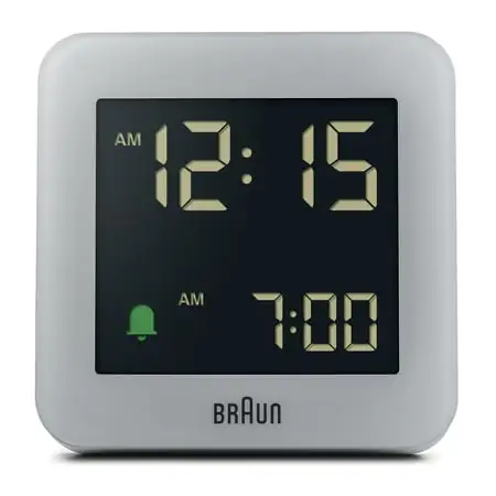 Braun Digital Alarm Clock with Snooze, Negative LCD Display, Quick Set, Crescendo Beep Alarm in Grey, model BC09G.