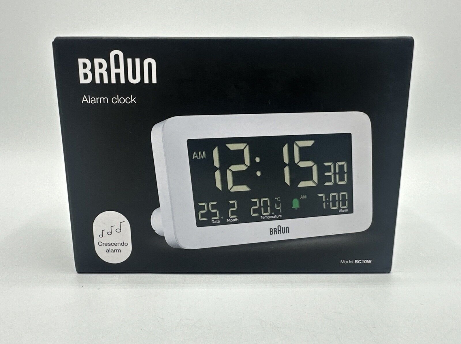 Braun Digital LCD Alarm Clock Date / Month / Temp Bedside Desk White BC10W
