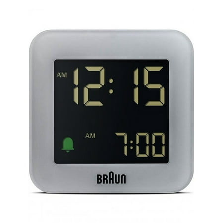 Braun Digital Radio Controlled Travel Alarm Clock For Central European Time Zone (DCF) with Snooze, Compact Size, Negative LCD Display, Quick Set, Crescendo Beep Alarm in Grey, model BC08G