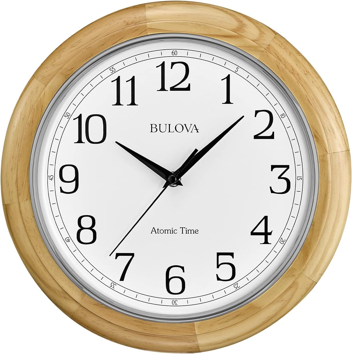 Bulova Wooden Atomic Analog Wall Clock, C5005 Atomic Time 3, Sets Automatically, Quartz Battery