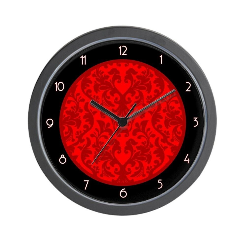 CafePress Black Red Damask Elegant Unique Decorative 10" Wall Clock (120180557)