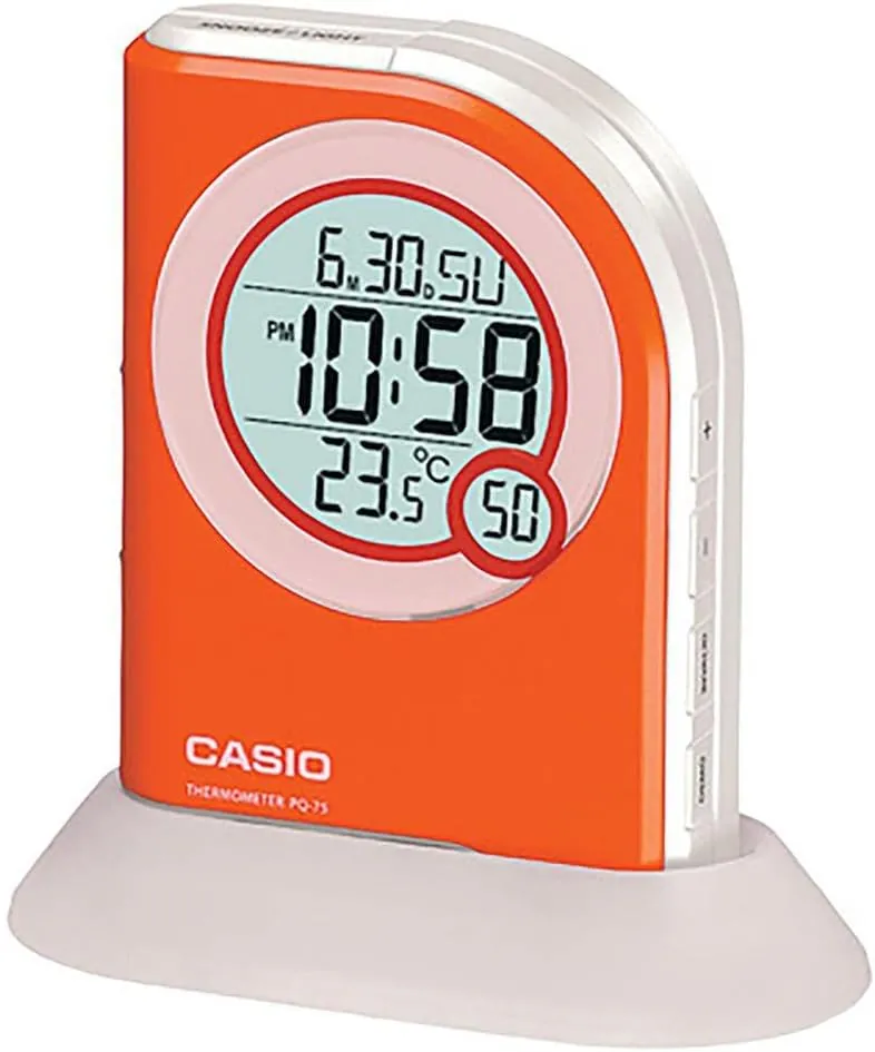 Casio Pq75-4df Multi Function Digital Thermometer Table Top Alarm Clock, Orange (PQ75-4)