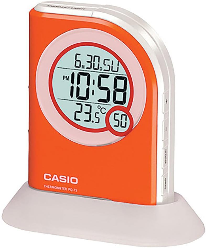 Casio Pq75-4df Multi Function Digital Thermometer Table Top Alarm Clock, Orange (PQ75-4)