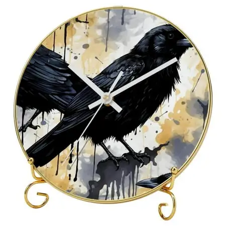 Crow Round Printed Wall Clocks with Hooks and Gold Stand - Silent, Non-Ticking Timepieces for Stylish Home Decor and Easy Hanging