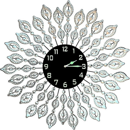 Decorative Leaf Metal Wall Clock Black Glass Dial Diameter 25 Perfect For Housewarming Gift (Crystal Clock Black1)